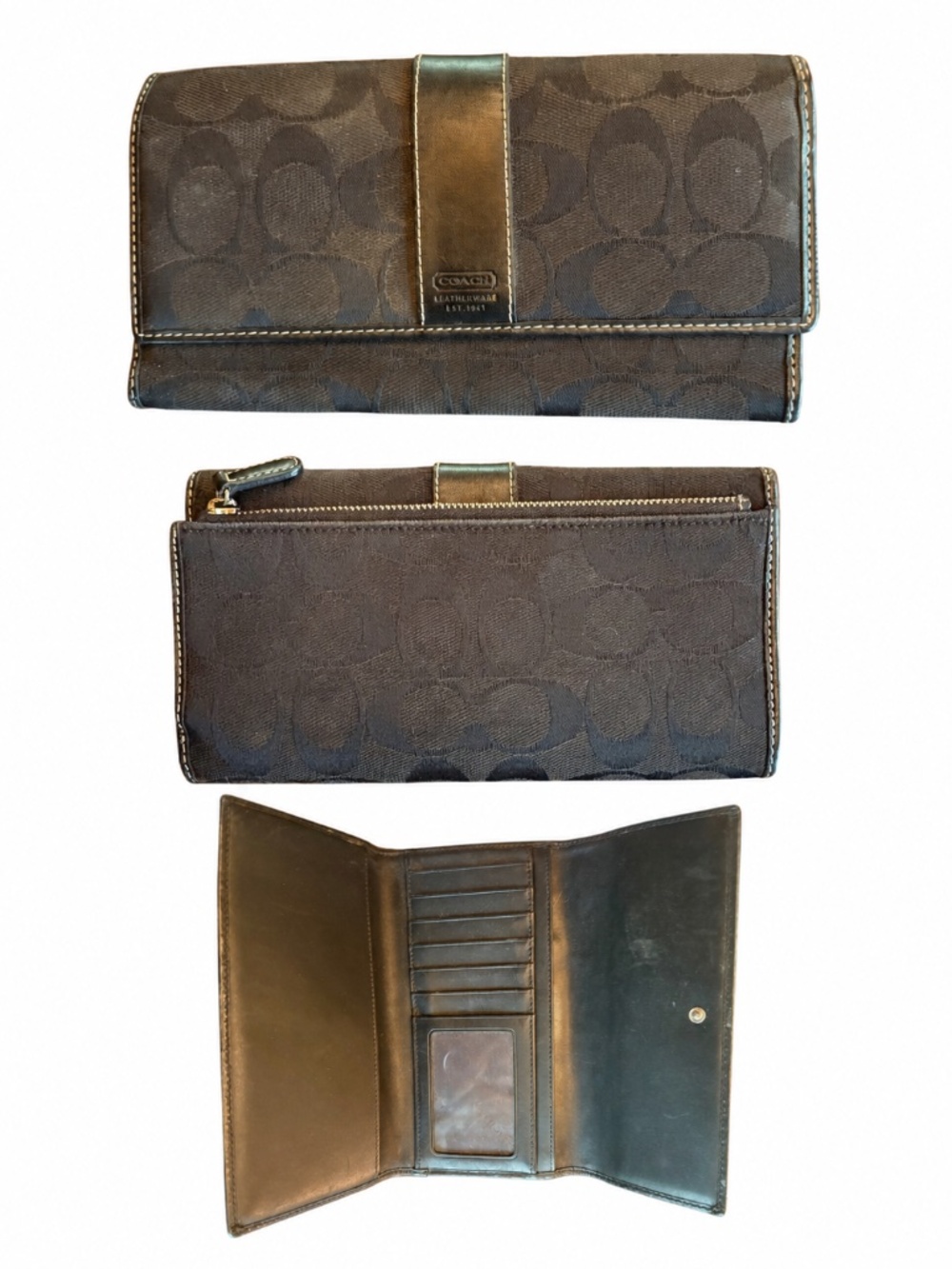 Coach Black Tonal Signature C Checkbook Wallet Zip ID Window